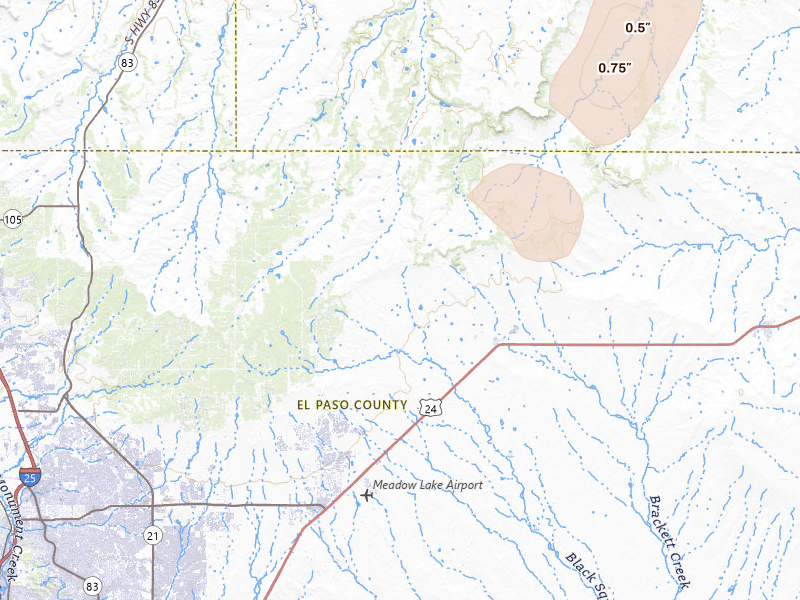 Radar-estimated hail-size map of the storm over Peyton, CO on Jul 10, 2026