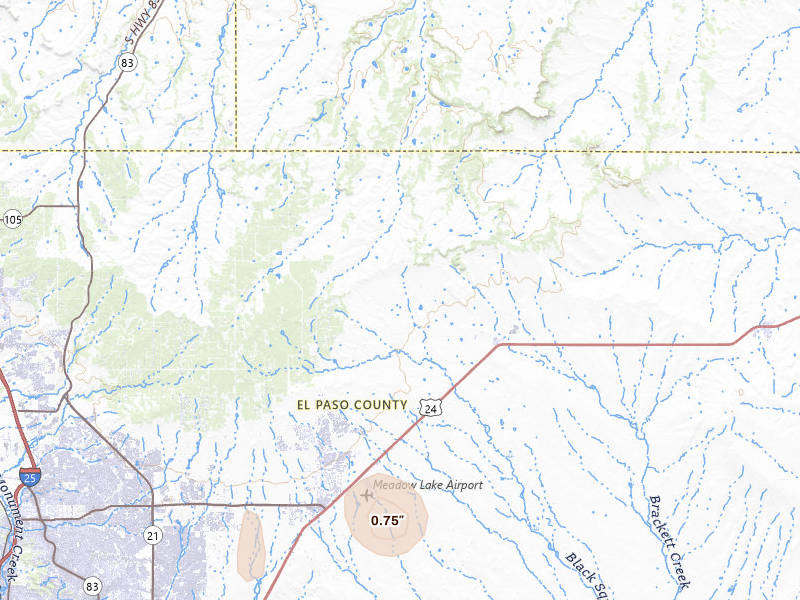 Radar-estimated hail-size map of the storm over Peyton, CO on Jul 22, 2026