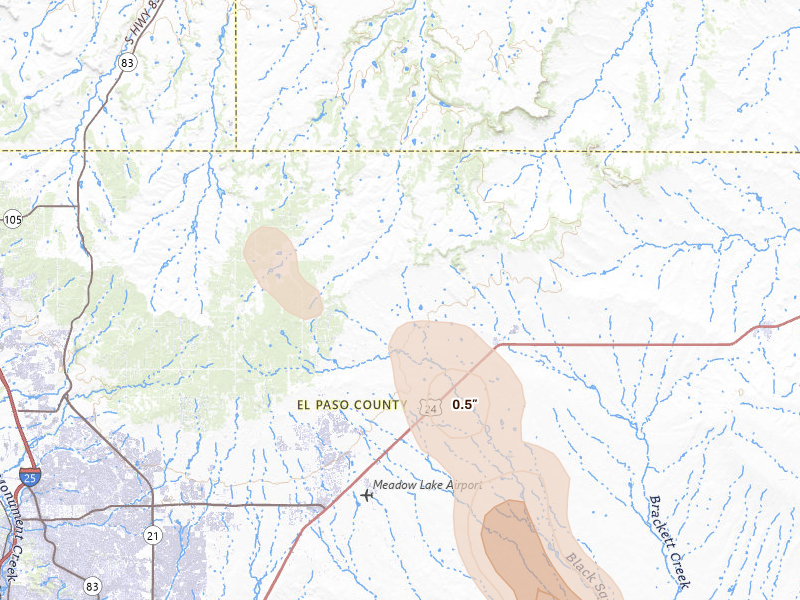 Radar-estimated hail-size map of the storm over Peyton, CO on Jul 31, 2026