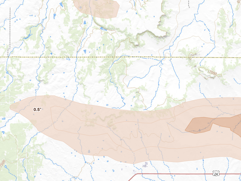 Radar-estimated hail-size map of the storm over Peyton, CO on Aug 19, 2026