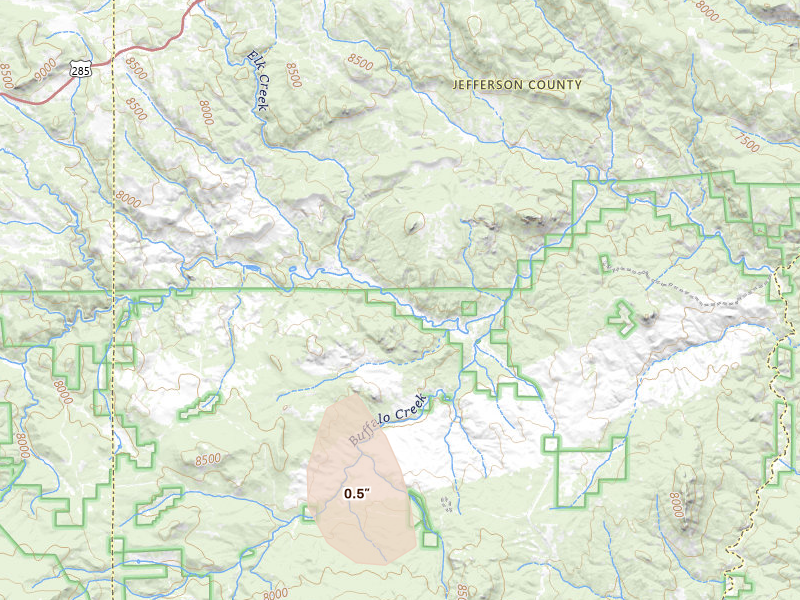 Radar-estimated hail-size map of the storm over Pine, CO on Jun 3, 2026