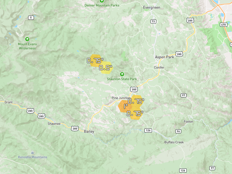Hail map of Pine, CO on Jul 22, 2026, hail up to 1"