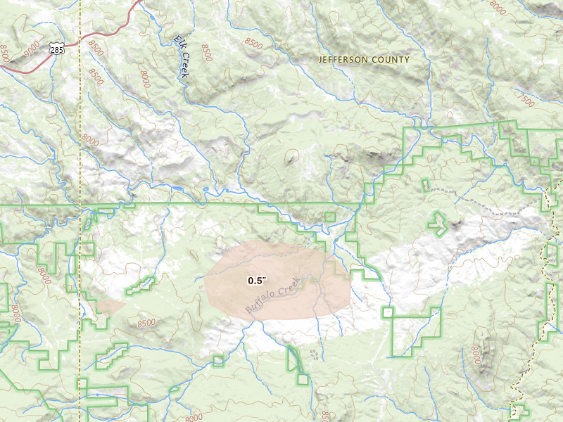 Radar-estimated hail-size map of the storm over Pine, CO on Aug 20, 2026