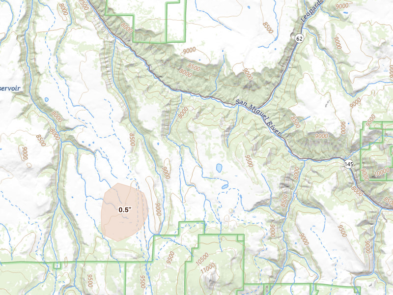 Radar-estimated hail-size map of the storm over Placerville, CO on Jul 26, 2026