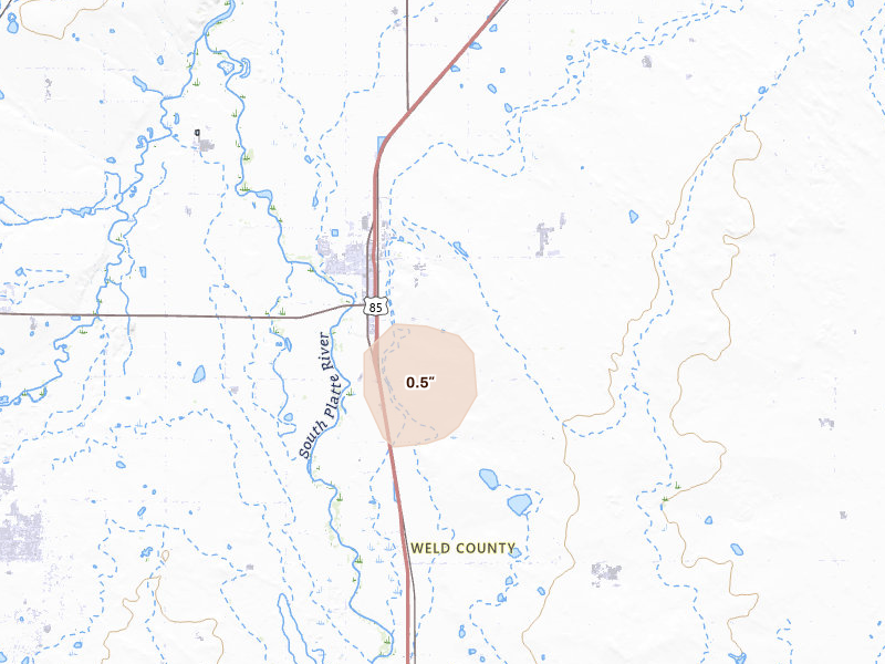 Radar-estimated hail-size map of the storm over Platteville, CO on May 30, 2026