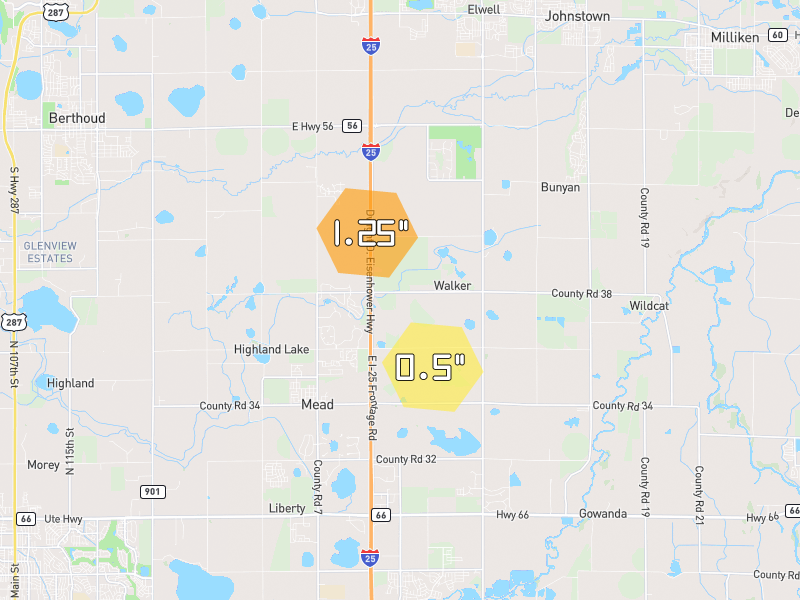 Hail map of Platteville, CO on Jul 2, 2026, hail up to 1.25"