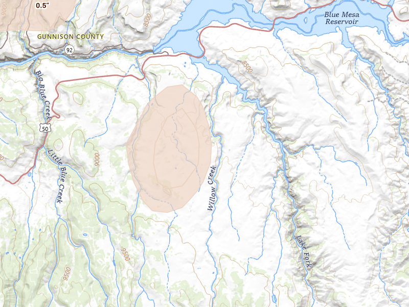 Radar-estimated hail-size map of the storm over Powderhorn, CO on Jul 20, 2026