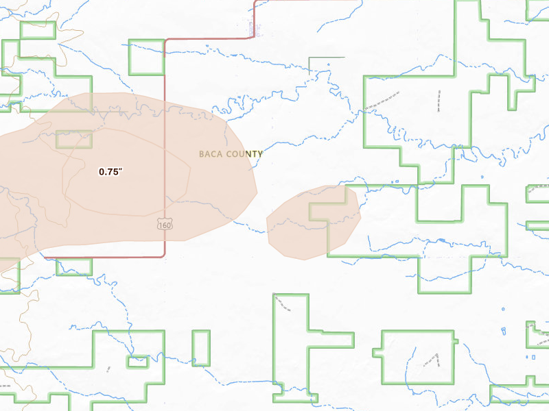 Radar-estimated hail-size map of the storm over Pritchett, CO on Jul 2, 2026