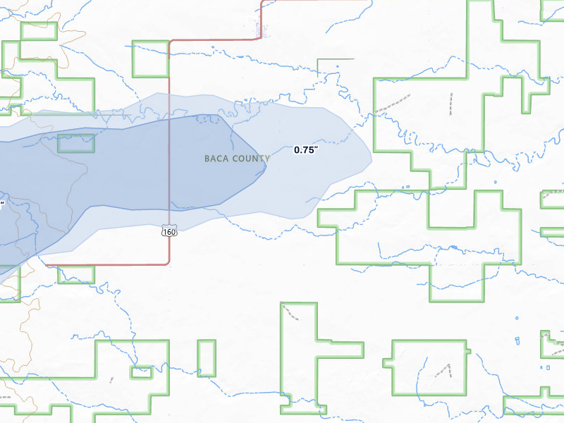 NEXRAD radar-signature map of the hail storm over Pritchett, CO on Jul 2, 2026