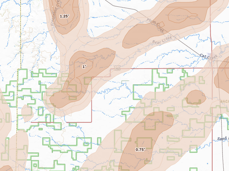 Radar-estimated hail-size map of the storm over Pritchett, CO on Aug 15, 2026