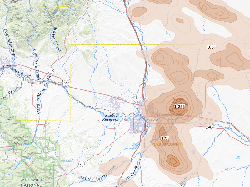 Radar-estimated hail-size map of the storm over Pueblo, CO on Jun 23, 2026