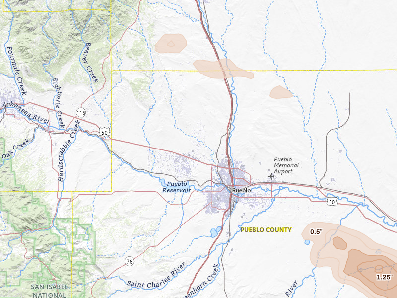 Radar-estimated hail-size map of the storm over Pueblo, CO on Jun 26, 2026