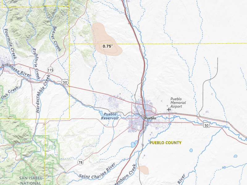 Radar-estimated hail-size map of the storm over Pueblo, CO on Jul 4, 2026