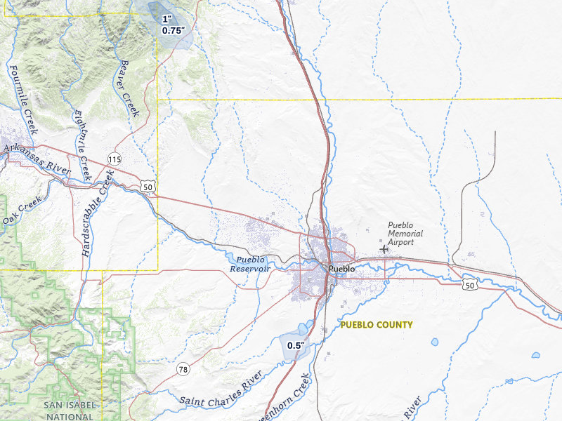 NEXRAD radar-signature map of the hail storm over Pueblo, CO on Jul 5, 2026