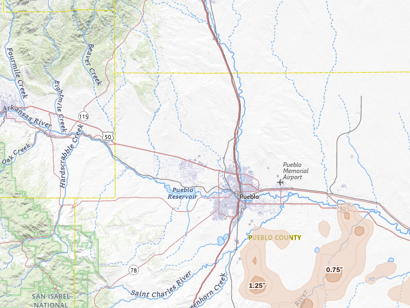 Radar-estimated hail-size map of the storm over Pueblo, CO on Jul 27, 2026