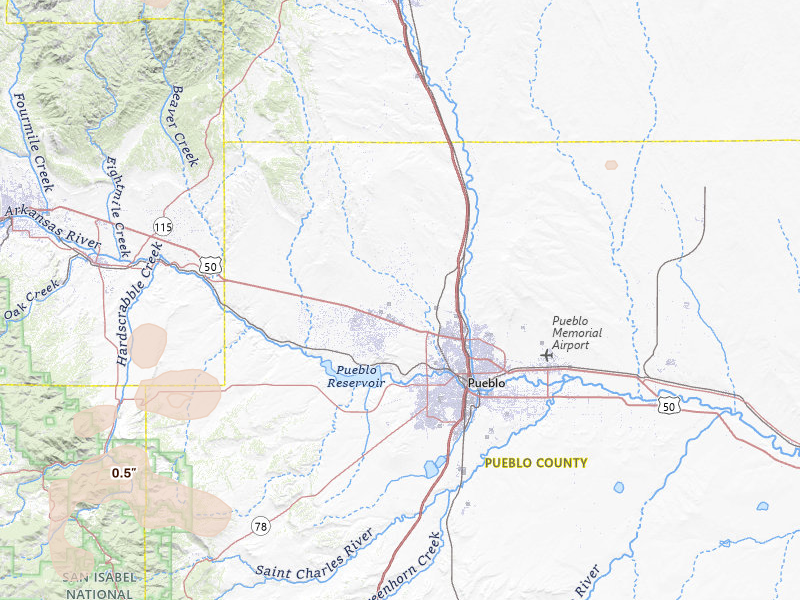 Radar-estimated hail-size map of the storm over Pueblo, CO on Jul 28, 2026
