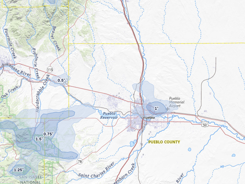 NEXRAD radar-signature map of the hail storm over Pueblo, CO on Jul 28, 2026