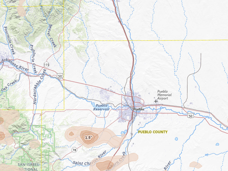 Radar-estimated hail-size map of the storm over Pueblo, CO on Jul 29, 2026
