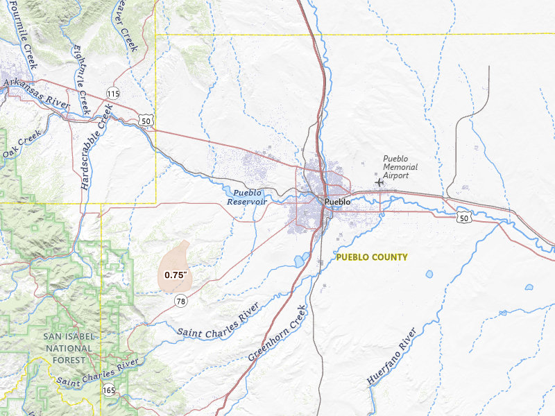 Radar-estimated hail-size map of the storm over Pueblo, CO on Aug 15, 2026
