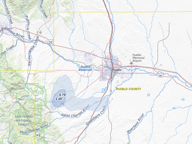 NEXRAD radar-signature map of the hail storm over Pueblo, CO on Aug 15, 2026
