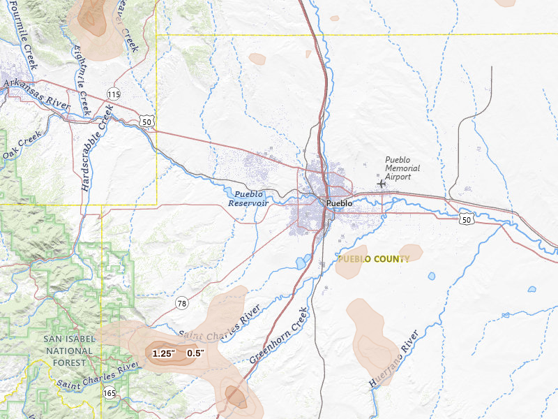 Radar-estimated hail-size map of the storm over Pueblo, CO on Aug 16, 2026