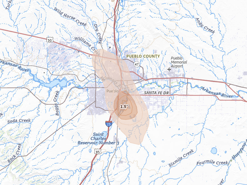 Radar-estimated hail-size map of the storm over Pueblo, CO on Aug 19, 2026