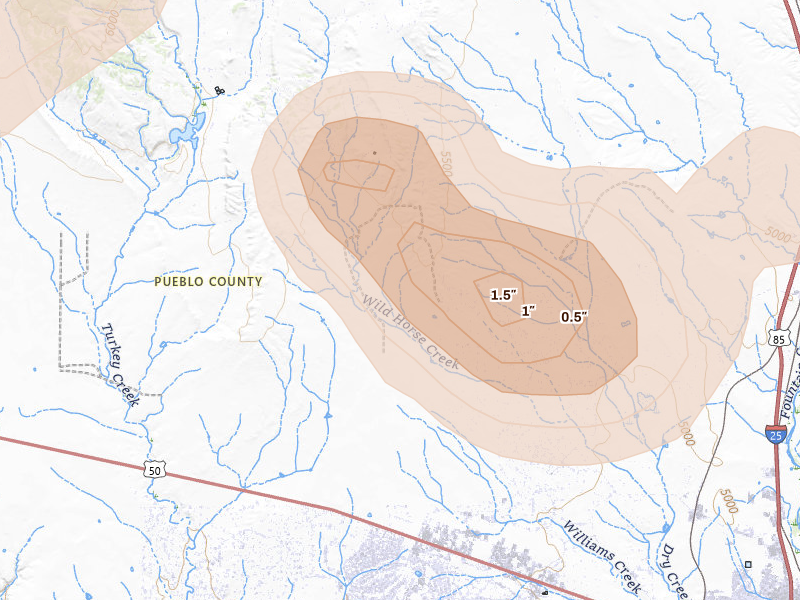 Radar-estimated hail-size map of the storm over Pueblo, CO on Aug 20, 2026