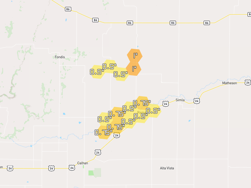 Hail map of Ramah, CO on Jun 1, 2026, hail up to 1"