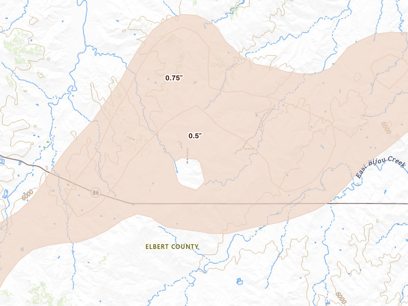 Radar-estimated hail-size map of the storm over Ramah, CO on Jun 5, 2026
