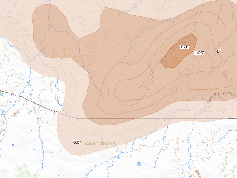 Radar-estimated hail-size map of the storm over Ramah, CO on Jun 8, 2026