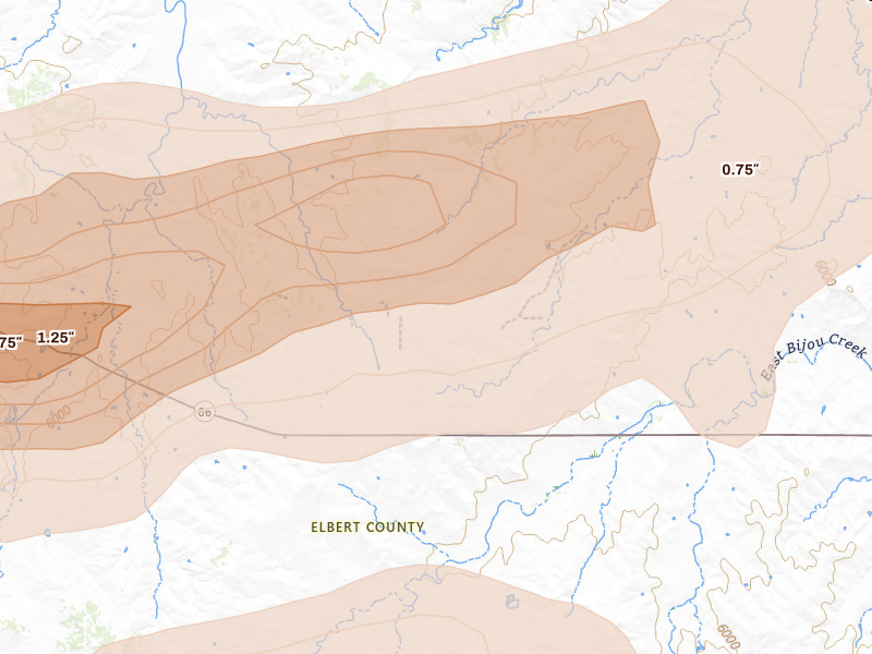 Radar-estimated hail-size map of the storm over Ramah, CO on Jun 23, 2026