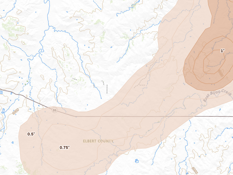 Radar-estimated hail-size map of the storm over Ramah, CO on Jul 3, 2026
