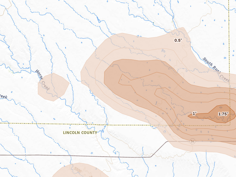 Radar-estimated hail-size map of the storm over Ramah, CO on Jul 28, 2026