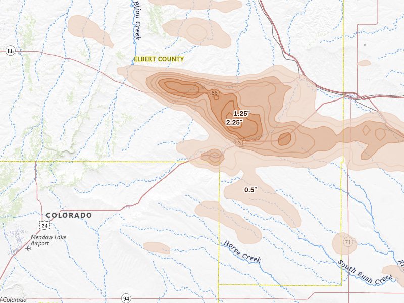Radar-estimated hail-size map of the storm over Ramah, CO on Aug 18, 2026