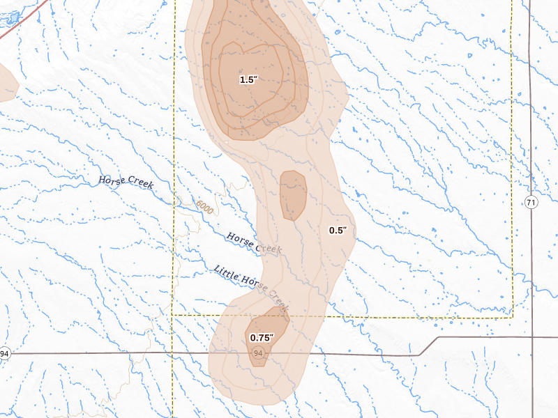 Radar-estimated hail-size map of the storm over Ramah, CO on Aug 19, 2026