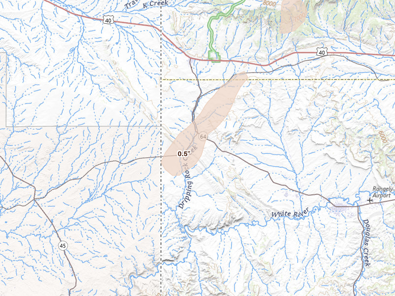 Radar-estimated hail-size map of the storm over Rangely, CO on Sep 2, 2026