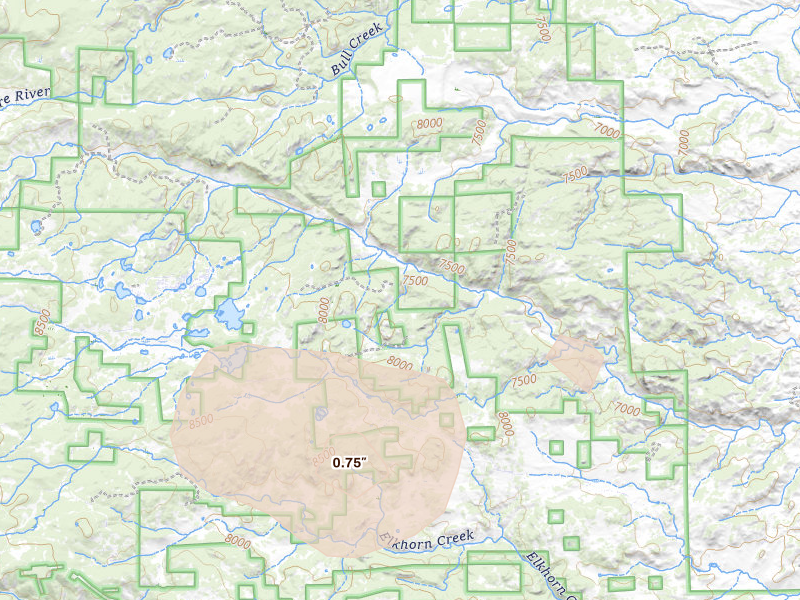 Radar-estimated hail-size map of the storm over Red Feather Lakes, CO on Jul 21, 2026