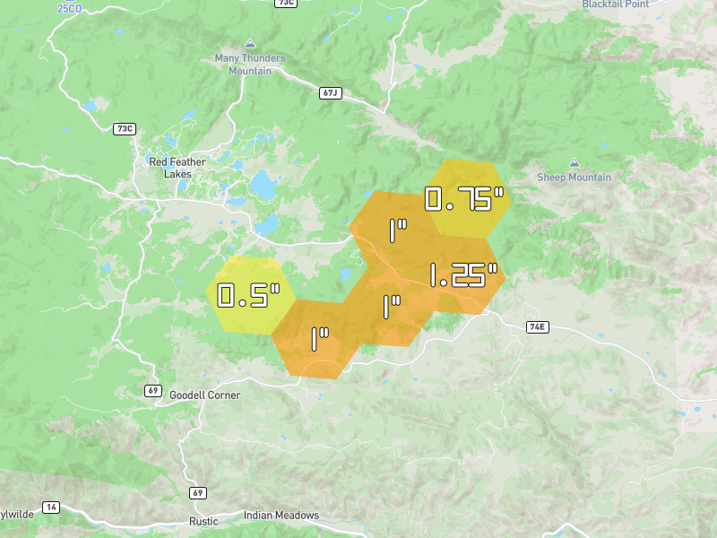 Hail map of Red Feather Lakes, CO on Jul 22, 2026, hail up to 1.25"