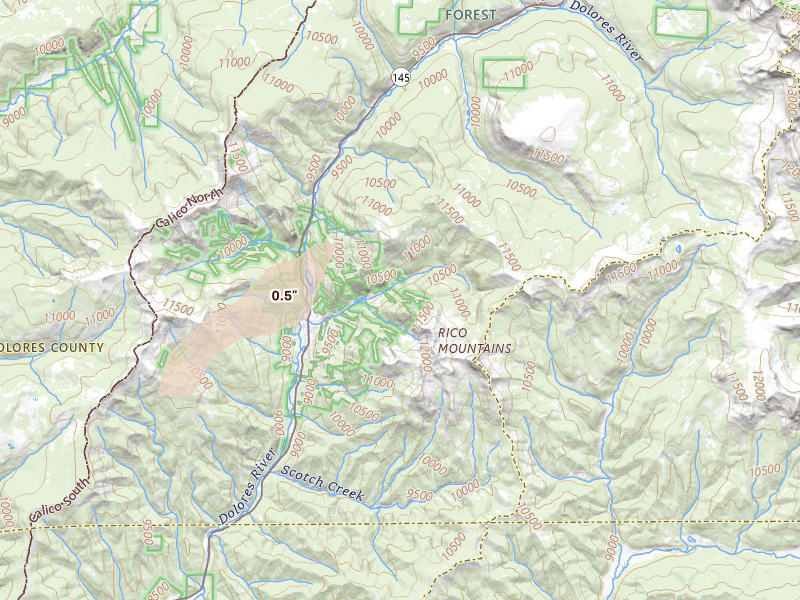 Radar-estimated hail-size map of the storm over Rico, CO on Jun 26, 2026