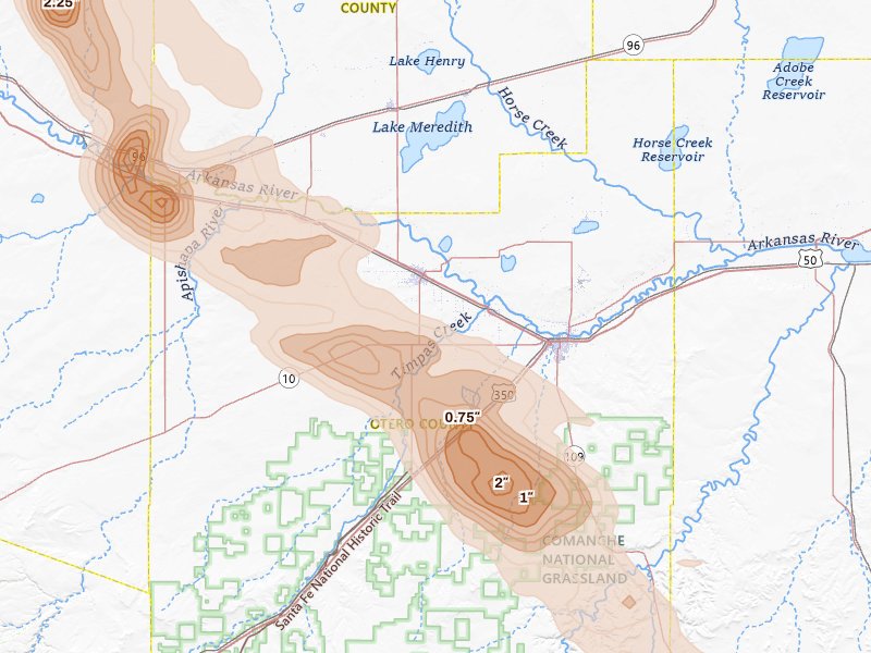 Radar-estimated hail-size map of the storm over Rocky Ford, CO
