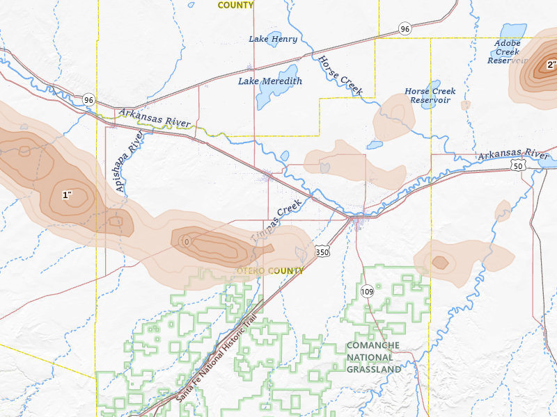 Radar-estimated hail-size map of the storm over Rocky Ford, CO on Jun 26, 2026