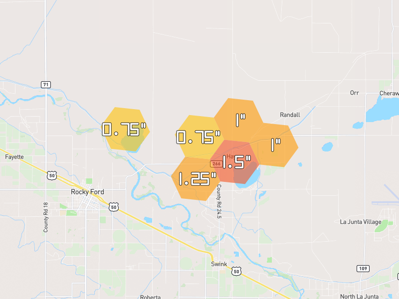 Hail map of Rocky Ford, CO on Jun 27, 2026, hail up to 1.5"