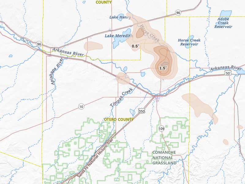 Radar-estimated hail-size map of the storm over Rocky Ford, CO on Jul 8, 2026
