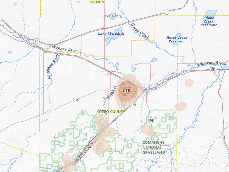 Radar-estimated hail-size map of the storm over Rocky Ford, CO on Jul 10, 2026