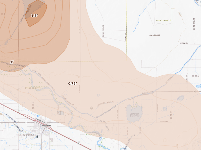 Radar-estimated hail-size map of the storm over Rocky Ford, CO