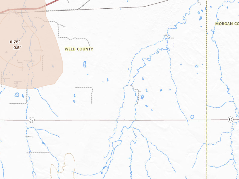 Radar-estimated hail-size map of the storm over Roggen, CO on Jul 8, 2026