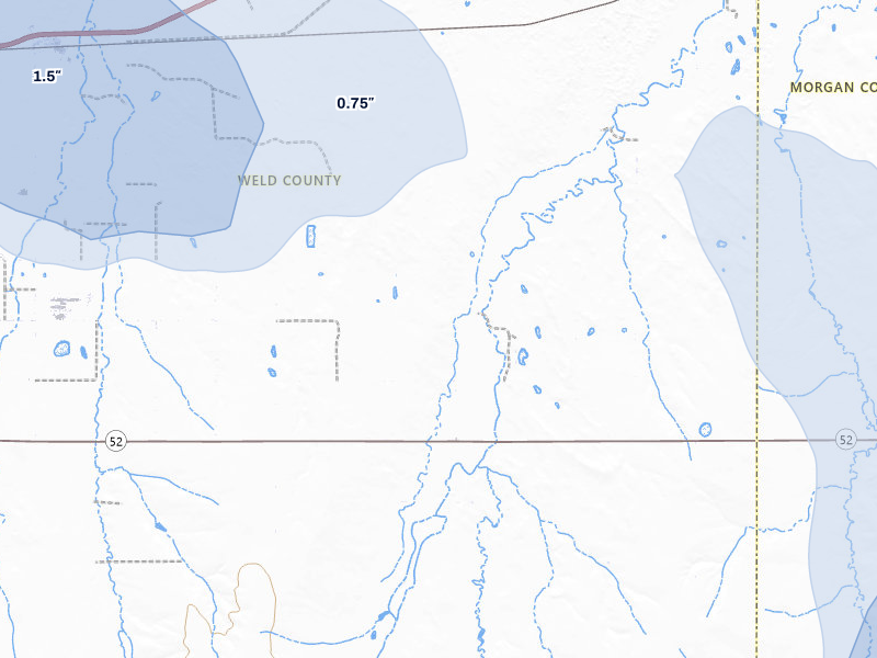 NEXRAD radar-signature map of the hail storm over Roggen, CO on Jul 8, 2026