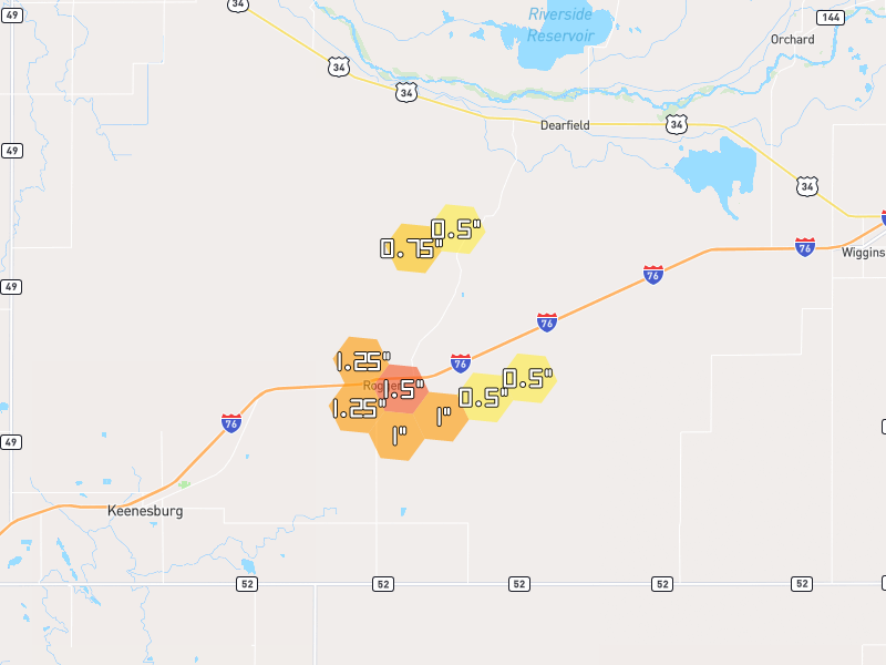 Hail map of Roggen, CO on Jul 8, 2026, hail up to 1.5"