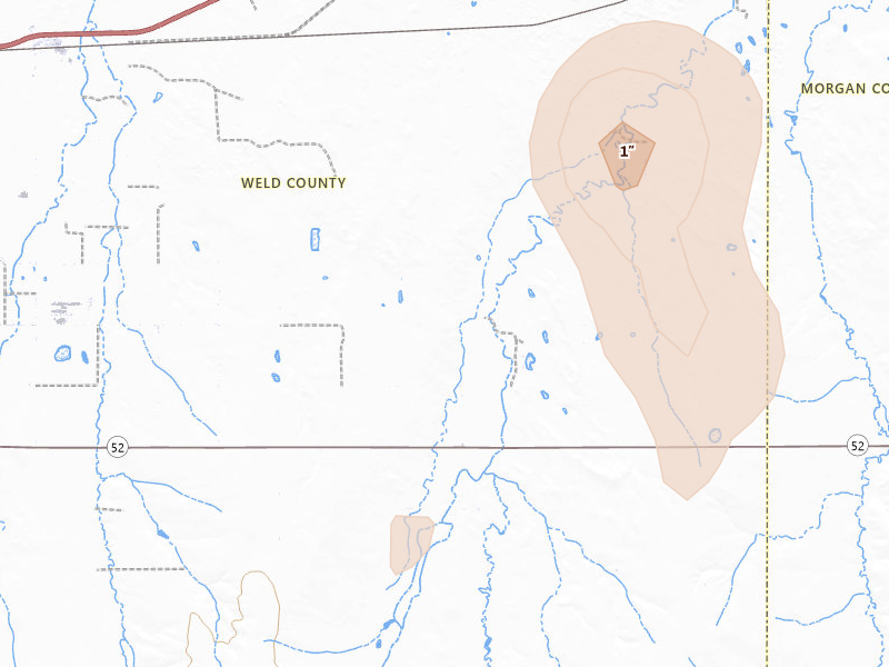 Radar-estimated hail-size map of the storm over Roggen, CO on Jul 29, 2026