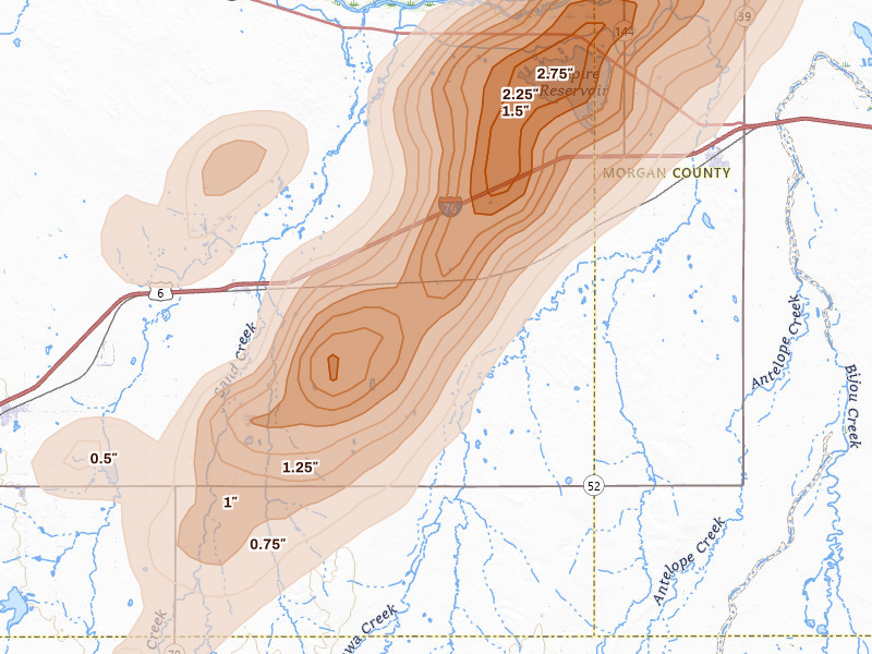 Radar-estimated hail-size map of the storm over Roggen, CO on Aug 22, 2026